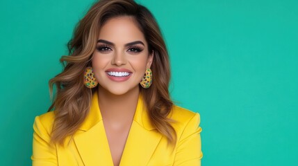 Fototapeta premium Smiling woman in yellow blazer with colorful earrings on a green background