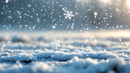 Snowflakes Falling Over Frosty Ground in Soft Winter Light