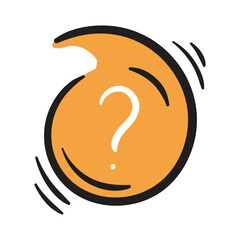 Round orange button with a white question mark. Simple vector element on white background. Hand drawn question, clarification, help icon for website design, banner