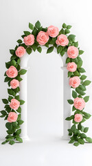 Obraz premium Realistic wedding arch with roses and leaves isolated on white Background