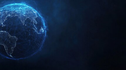 Obraz premium Digital representation of Earth with glowing blue network connections on dark background.