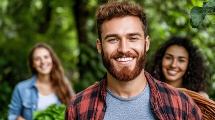 Obraz premium Portrait of a smiling man in a plaid shirt with friends in a green forest