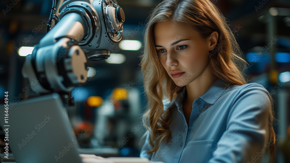 Poster colleagues watch a woman program a robotic arm in a tech lab