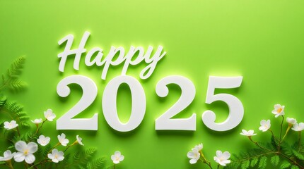 Happy 2025 3D Text With Floral Design On Bright Green Background