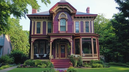 Victorian-style house, maroon and gold, porch, garden.