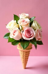 Floral ice cream cone arrangement with pink and white roses against pink background for creative decor