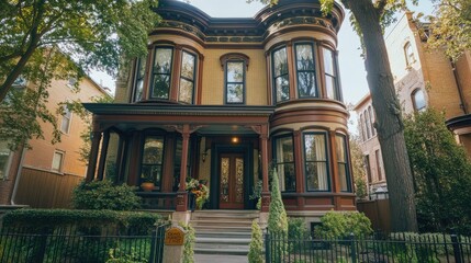 Fototapeta premium Victorian-style house with bay windows, porch, and landscaping.