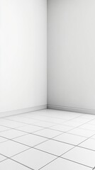 Minimalist empty white room corner with clean tiled floor and smooth walls creating geometric perspective, perfect for architectural background or interior design concept.