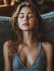 Fototapeta premium Meditating woman finds tranquility on a cozy sofa in a serene setting