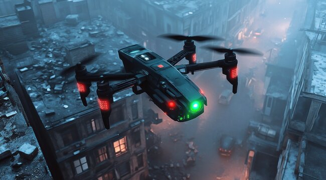 Un drone militaire de combat avec des lumi&egrave;res vertes et rouges survolant une ville d&eacute;truite et abandonn&eacute;e, dans une atmosph&egrave;re brumeuse.