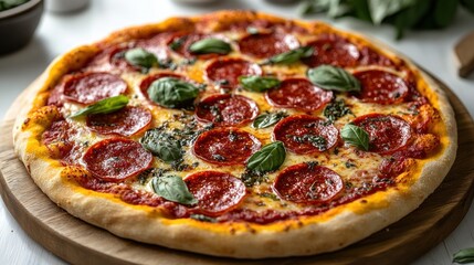 Delicious pepperoni pizza with basil on wooden board.