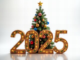 Festive Christmas tree with gold decorations and illuminated 2025 marquee numbers on a white...