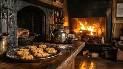 Warm rustic kitchen with cookies, teapot, and fireplace.