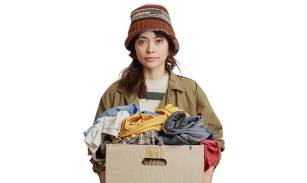 Recycling, Donation for poor, asian young woman pack, hand in holding donate box full with second hand clothes on a transparent background