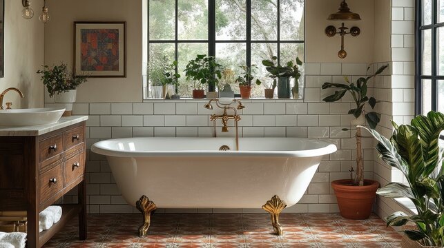 Clawfoot tub in a rustic bathroom with plants and subway tiles.