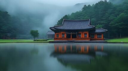 Fototapeta premium Serene Asian Temple Reflecting in Misty Lake