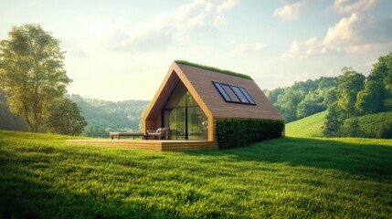 Obraz premium Eco House In Green Environment - Wooden Home Friendly On Grass