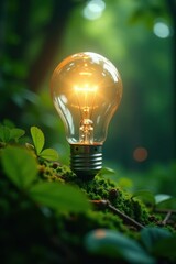 Softly glowing light bulb bursts through dense green foliage, emerging, spring