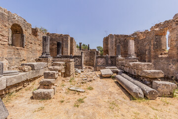 Ruins of  the Workshop of Phidias in the Ancient Olympia on Peloponnese peninsula, Greece