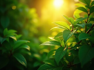 Obraz premium Sunlight filtering through lush green leaves in a serene garden during the golden hour