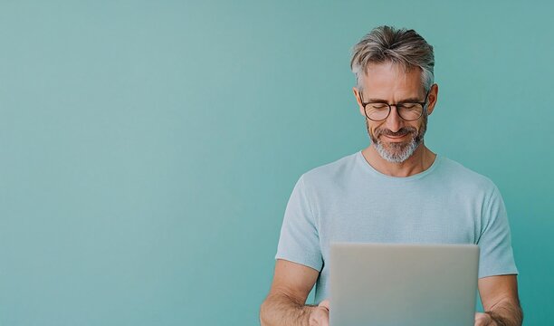 happy man standing with opened laptop, browsing online or typing message
