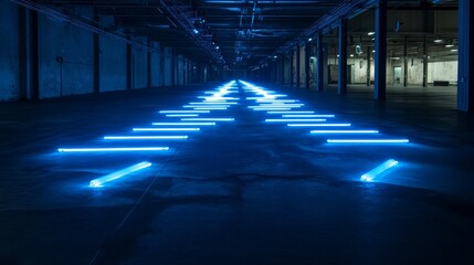 Fototapeta premium An empty dark room illuminated by long blue neon arrows.