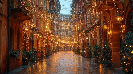 A beautifully decorated narrow street in Europe adorned with Christmas lights and festive greenery, creating a magical atmosphere.