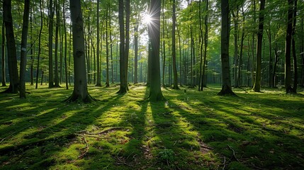 Obraz premium The image showcases a high-key photograph of a dense forest, primarily composed of tall, slender trees with a lush undergrowth. Sunlight streams through the tree canopy, creating
