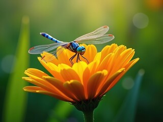 Naklejka premium Colorful dragonfly resting on vibrant orange flower under sunlight in a lush green garden during late afternoon hours