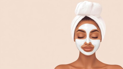 Woman relaxing at home with a facial mask and a towel wrapped around her hair