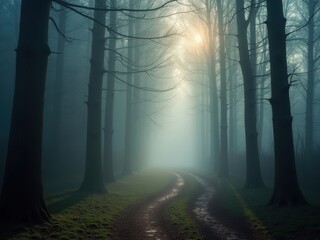 Fototapeta premium Misty forest path in tranquil morning light with sunlight filtering through tall trees near a winding road