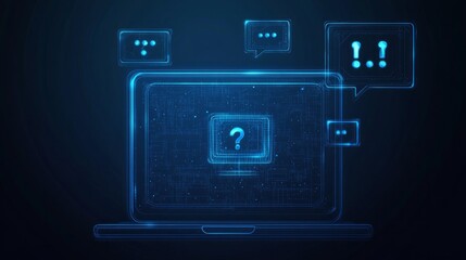 Laptop screen showing a chatbot logo with speech bubbles and question marks.

