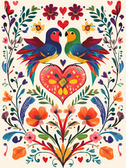 Obraz premium Colorful illustration of two lovebirds surrounded by floral patterns and hearts in a vibrant design