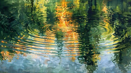  abstract representation of water exhibiting concentric ripples.  The reflection distorts the surrounding environment, presenting a blend of green, yellow,