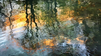  an abstract composition generated by the reflection of light on a water or glass surface.  The reflection distorts and fragments the surrounding environment,
