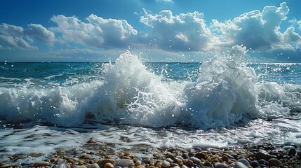 The image showcases a dynamic seascape featuring powerful ocean waves crashing onto a pebbled shore. The waves exhibit a high degree of textural detail, with white foam and spray