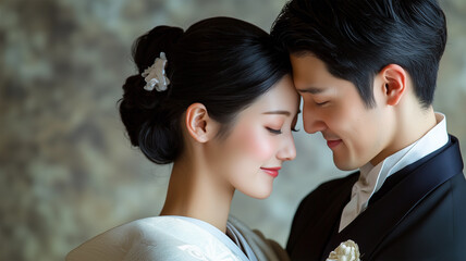 シンプルな背景で寄り添うタキシードとウェディングドレスの新婚夫婦