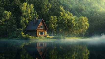 Fototapeta premium 湖畔に佇む森に囲まれた田舎の家
