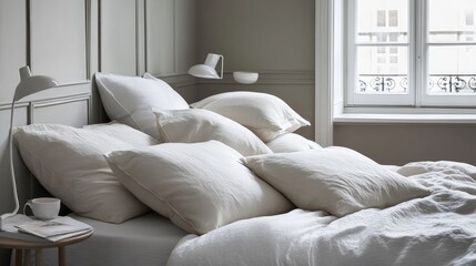 A cozy arrangement of pillows on a bed next to a bedside table at home.

