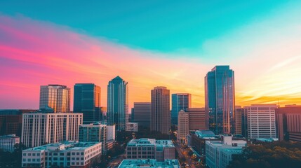 Obraz premium A vibrant city skyline at sunset, showcasing modern architecture against a colorful sky with shades of pink, orange, and blue.