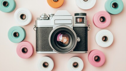 A vintage camera surrounded by colorful donut-shaped props creates a playful, artistic vibe.