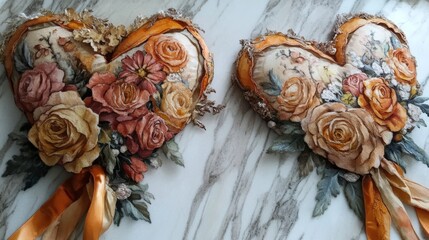 Delicate watercolor hearts adorned with flowers and ribbons, showcasing soft pastel tones and rich textures, perfect for romantic decor or gifts