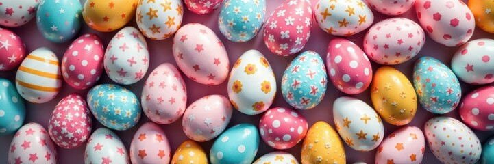 Fototapeta premium A beautiful background of decorated Easter eggs in a geometric pattern, abstract designs, colorful eggs