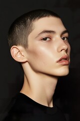 Fototapeta premium Young caucasian male with short hair posing against dark background