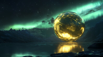 Softly glowing auroral light reflected in an abstract golden sphere, radiant, shine, auroral. Auroral. Illustration