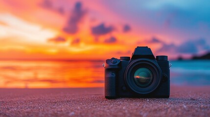 A camera rests on sandy beach shores at sunset, capturing vibrant hues of orange and purple illuminating the sky and reflecting on the water.