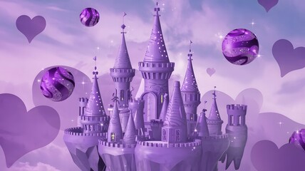 Fototapeta premium Pixel art of a purple castle with purple hearts and planets
