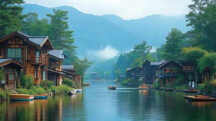Naklejka premium Serene Canal Village Nestled Among Misty Mountains