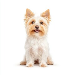 Cute small Maltese dog sitting upright, displaying a cheerful expression and fluffy coat. Perfect for pet-related themes and marketing.