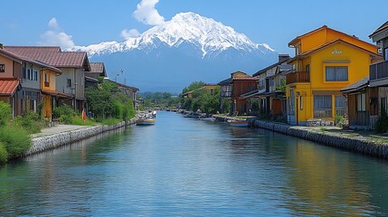 Naklejka premium Canal Houses Mountain View Scenic Japanese Village